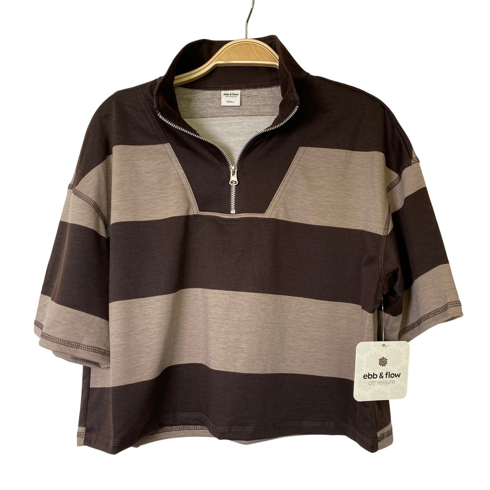 Ebb & Flow Striped Blokecore Quarter Zip Top Women Brown Tan Athleisure Sporty